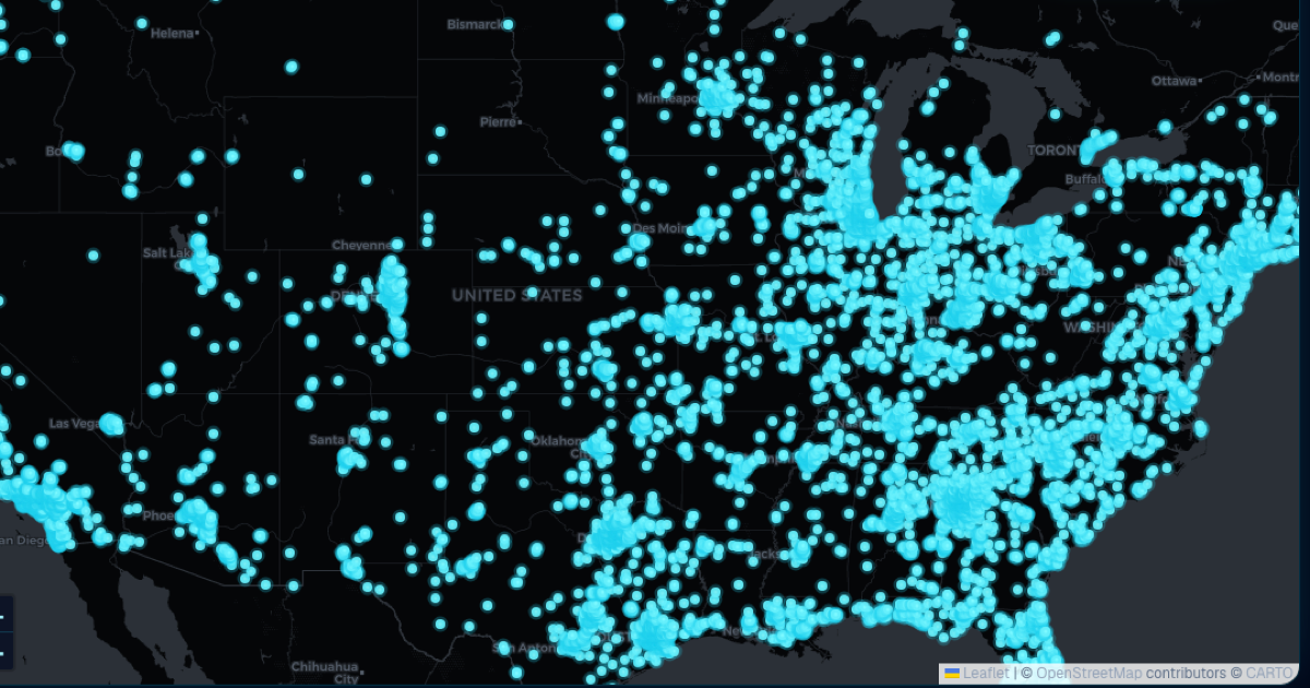 Map of Flock camera locations across the United States — over 119,000 ALPR license plate readers plotted from OpenStreetMap data