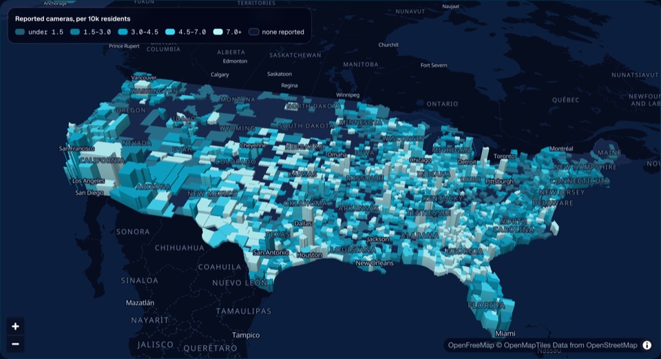 3D map of license plate cameras per resident in every U.S. county