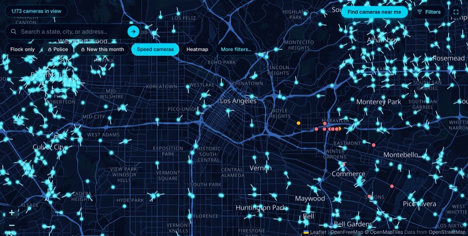 The live camera map over Los Angeles with the filter chips and speed cameras showing